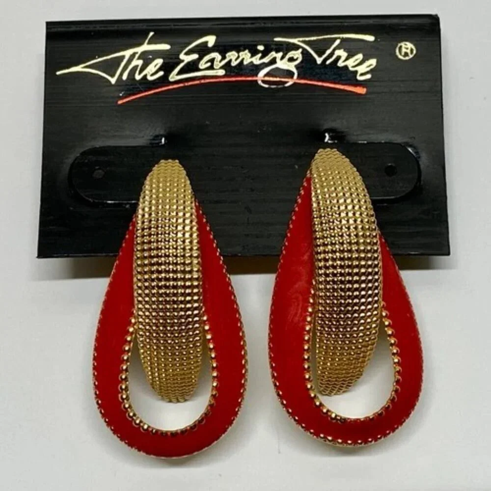 The Earring Tree Fashion Earrings Goldtone Red Acrylic Elegant Dangle‎ Post NWT